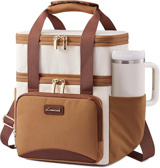 LOVEVOOK Insulated Lunch Bag for Women Men,Expandable Double Deck Lunch Box with Large Cup Holder,Leakproof Cooler Bag for Adult Lunch Tote Bag Work Picnic Beach with Adjustable Shoulder Strap Gift