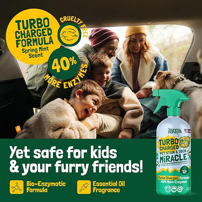 Sunny & Honey Carpet Cleaner Spray - 32 Fl Oz, Spring Mint - 40% More Enzymes & Carpet Stain Remover - Pet Urine Enzyme Cleaner & Floor Deodorizer - Pet & Kid Safe Rug Cleaner