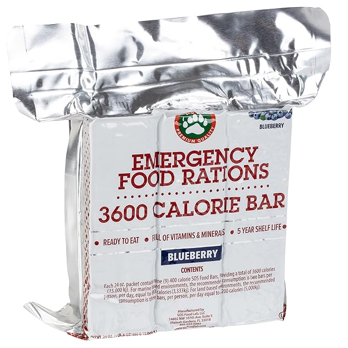 Grizzly Gear Emergency Food Rations- 3600 Calorie Blueberry Bar - 15 Day, 360 Hour Supply For Disaster, Hurricane, Flood Preparedness - Less Sugar, More Nutrients Than Other Brands - 5 Year Shelf Life