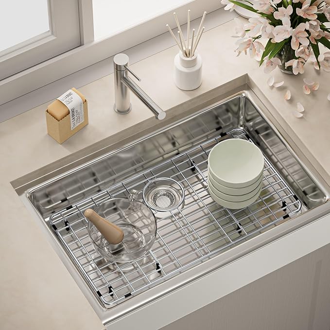 Metal Sink Protector for Kitchen Sink,Large Sink Rack 28-3/4" X 15-3/4",Stainless Steel Sink Grid for Bottom of Sink,Sink Grate with Rear Drain Hole for Single Bowl with Strainer,1 Pack
