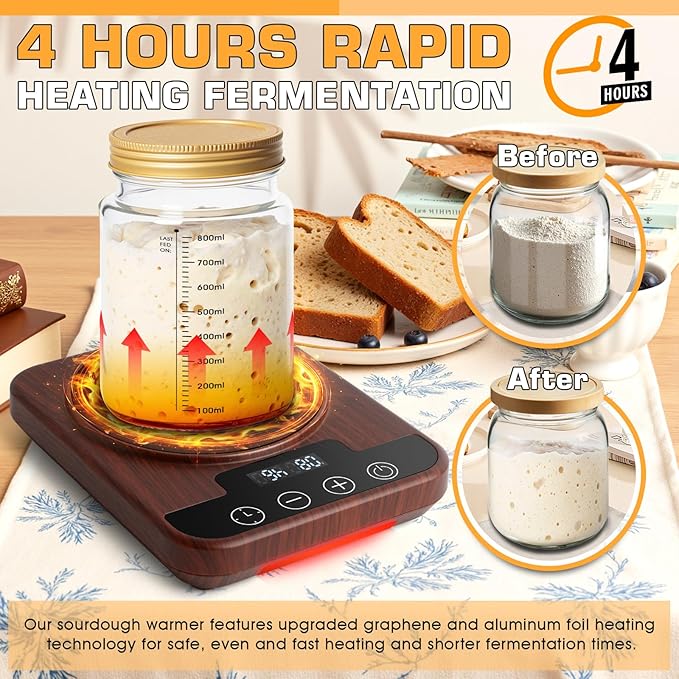 Upgraded Sourdough Starter Warmer, Precise 1°F Thermostat Control (70-100°F) Sourdough Warming Mat, Smart Memory Sourdough Warming for Sourdough Fermentation, 12-Hour Timer (Wood Grain)