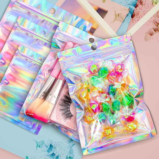 Funfery 100 pcs Mylar Holographic Bags Packaging Bags,Clear Resealable Smell Proof Bag Foil Pouch Bag for Party Favor,Food Storage Baggies Packaging for Small Business(5.5x7.9in,Holographic