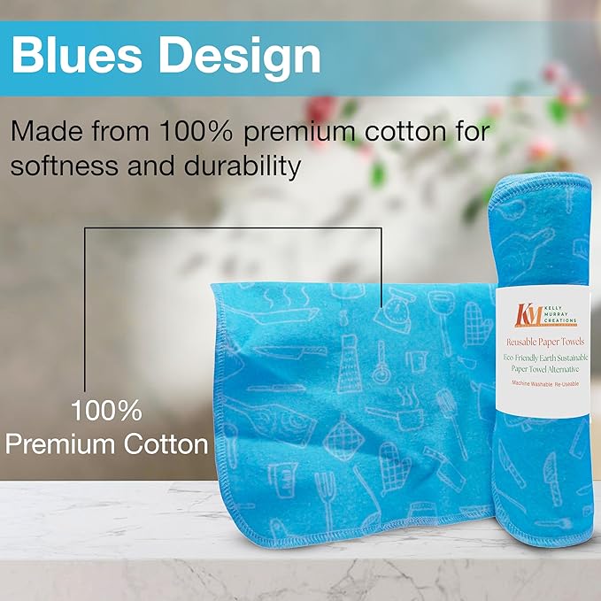 Pack of 10 Reusable Paper Towels | 10x10 Inch Cotton Towels | Kitchen Utensils Print | Eco Friendly, Washable, Quick Drying | Sustainable Cleaning Cloths | Blues Design