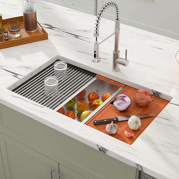 Dcolora 30 Inch Undermount Kitchen Sink Workstation 16 Gauge 304 Stainless Steel Large Single Bowl Under Counter Sinks, Round Corner 30"x19"x10", DC-U7702