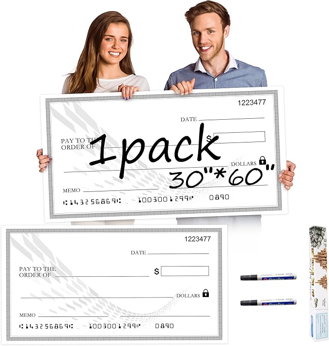 Giant Check | Big Check 30x16 Inch Reusable Award Plaque | Dry Erase Presentation Check for Ceremonial Events with 2 Black Markers