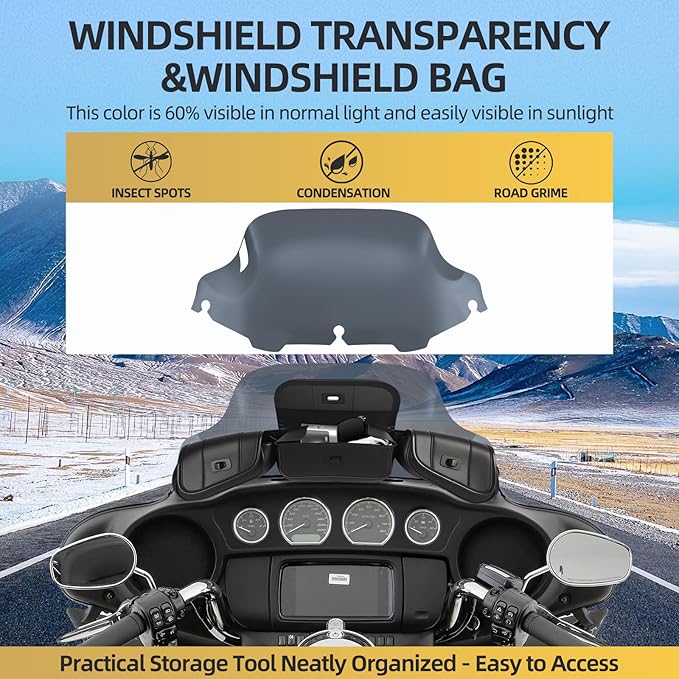 Motorcycle 8" Windshield and Bag Pack, Motorcycle Windscreen with 3 Pouch Bag Fit for 1996-2013 Harley Davidson Touring Street Glide Electra Glide FLH FLHT FLHX FLHTK, Smoke
