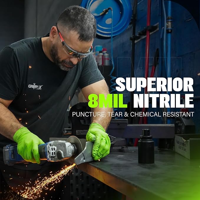 Herkules Grip Heavy Duty 8Mil Green Nitrile Gloves,3D Raised Diamond Texture-Latex & Powder Free-Industrial, Mechanic | Bulk Case of (1000 CT)