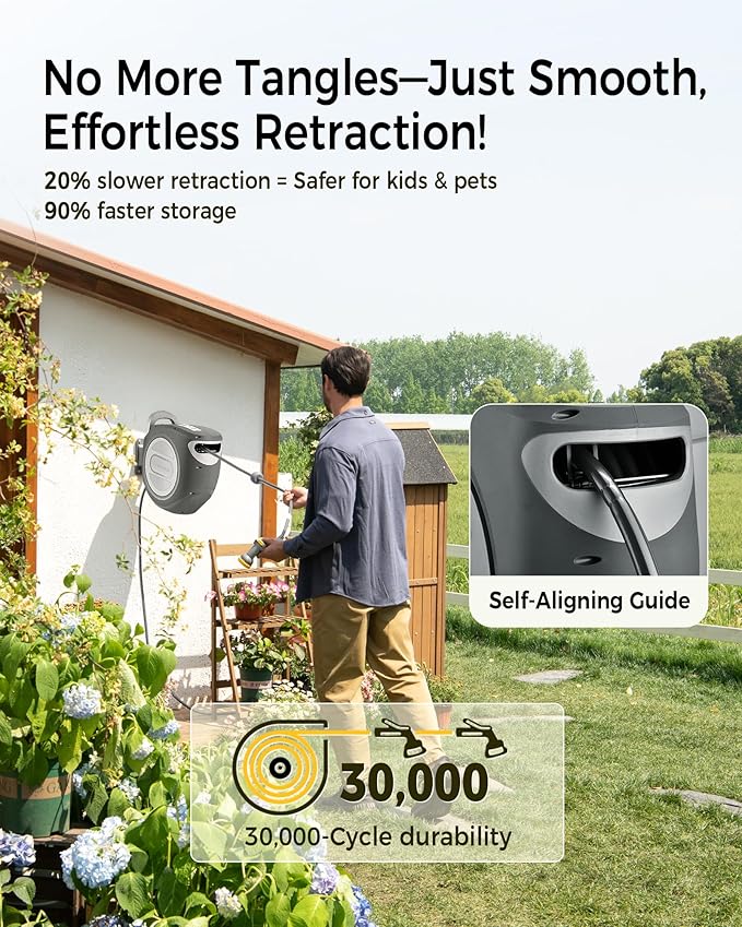 GLAHODEN Retractable Garden Hose Reel 1/2 in x 130 ft Upgraded UV Resistant Heavy Duty Automatic Hose Reel Wall Mount 3/4 in Brass Fitting 9 Pattern Nozzle Any Length Lock Slow Retraction