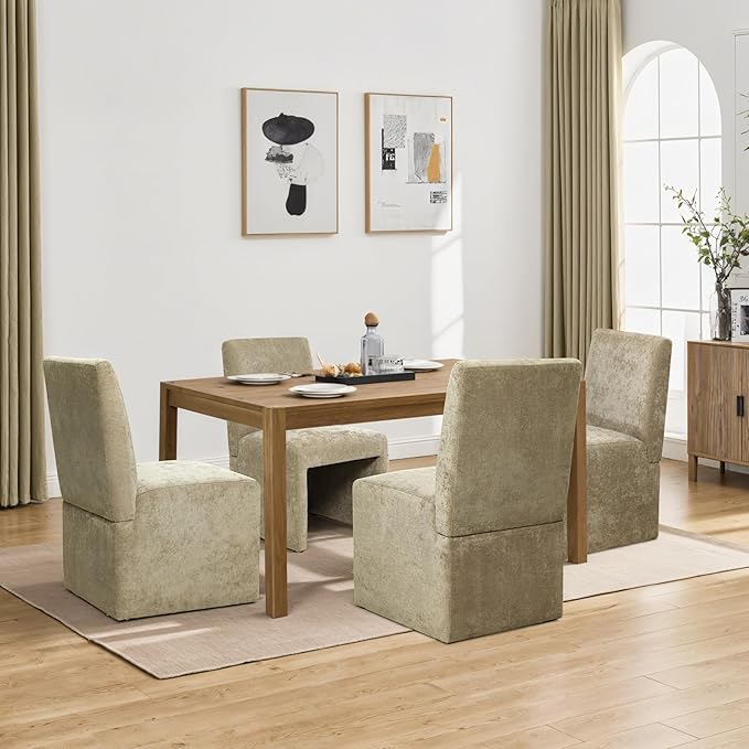 Upholstered Dining Chairs Set of 2 Modern Kitchen & Dining Room Chairs Linen Fabric Dining Chairs with Wooden Frame, Khaki