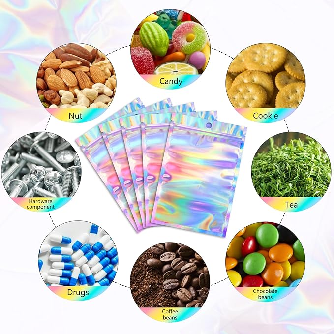 Funfery 100 pcs Mylar Holographic Bags Packaging Bags,Clear Resealable Bag Foil Pouch Bag for Party Favor,Food Storage Baggies Packaging for Small Business(4x6in,Holographic)