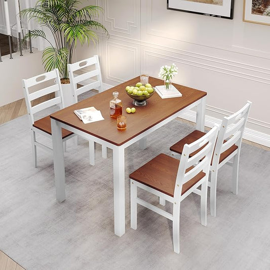 MFSTUDIO Dining Table Set for 4, 5-Piece Kitchen Table with 4 Chairs, Wooden Dining Room Table and Solid Wood Chairs, White Walnut