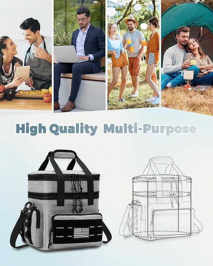 Tactical Lunch Bag & Lunch Box for Men - Large Double Deck Expandable Insulated Soft Adult Lunchbox for Work - Cooler Bag for Beach, Picnic, Camping,Outdoor，Travel (Gray,16L)