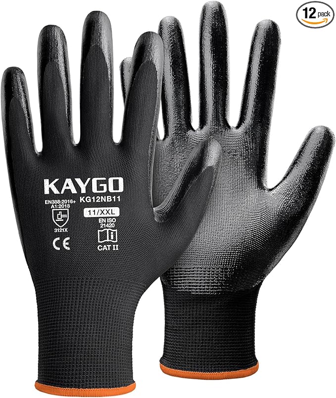 KAYGO Work Gloves Nitrile Coated, 12 Pairs KG12N，Seamless Knit, Protective Safety Work Gloves with Good Grip for General Work,Black,2XL