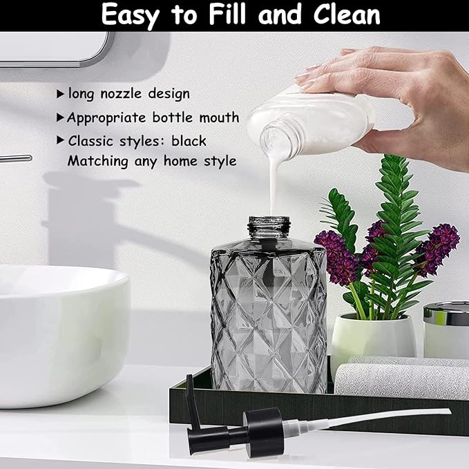 Glass Soap Dispenser with Black Plastic Pump, 12oz Refillable Liquid Hand Soap Dispenser, 2 Pack Crystal Lotion Bottle for Modern Home Decor, Bathroom, Kitchen Countertop, Hotel