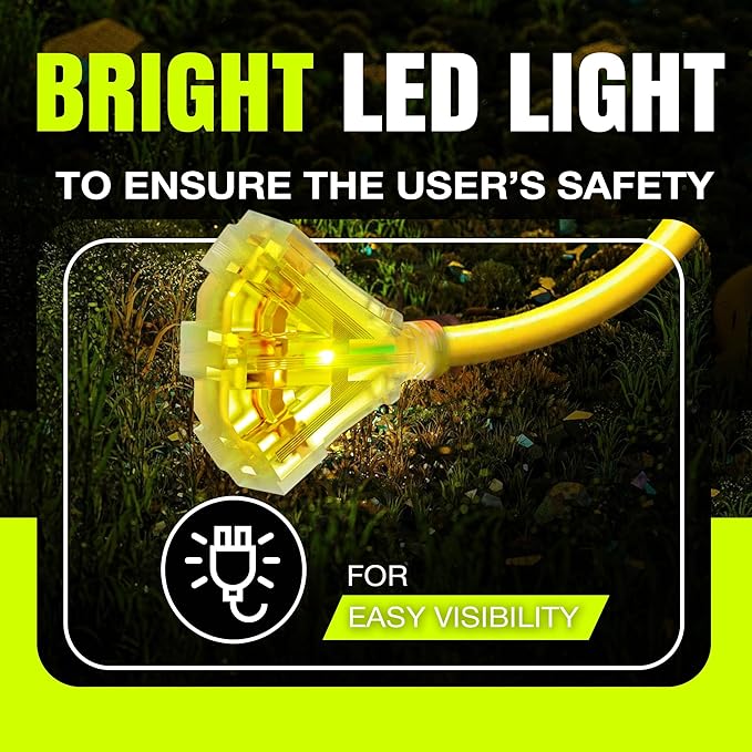 50ft Outdoor/Indoor Extension Cord 3-Outlet 12/3 Gauge Extra Heavy Duty ETL Listed, 3 Prong SJTW, Waterproof, Flexible Cold-Resistant Long Power Cord,15A 125V 1875W, Yellow by LifeSupplyUSA