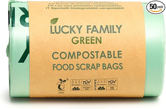 Lucky Family Green Compost Bags for Kitchen Countertop Bin - 100% Compostable Trash Bags for Food Waste, Organic Biodegradable Trash Bags (1.3-1.6 Gallon, 50 Count)