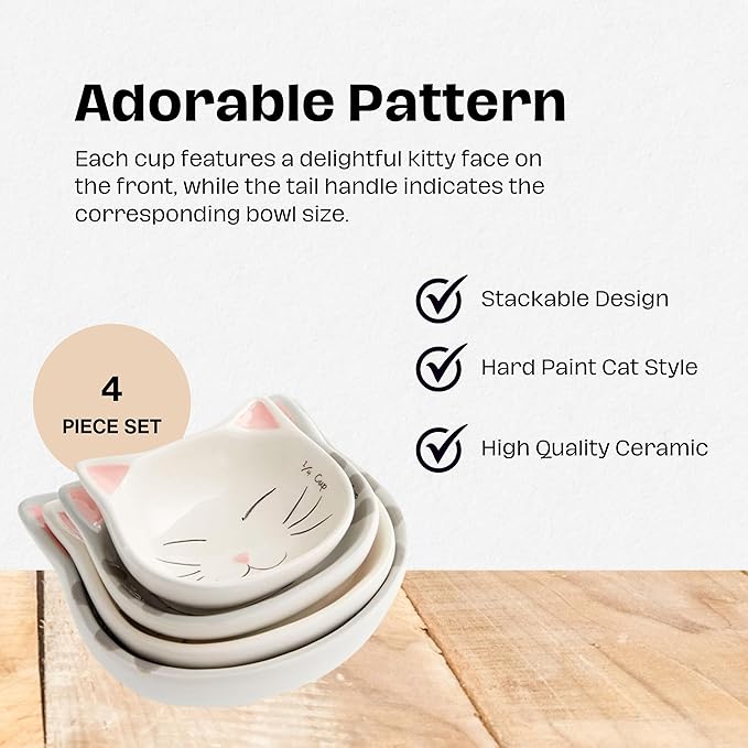 Cute Measuring Cups and Spoons Set - Cat Mom Gifts for Women - Cat Kitchen Accessories for Baking Gifts - Ceramic Measuring Spoons for Unique Baking Supplies - Fun & Decorative Kitty Cup for Cooking