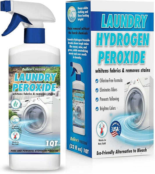 Nature's Freedom Laundry Peroxide Spray – Powerfully Breaks Down Odors & Tough Stains Naturally – Chlorine-Free Whitening & Stain Remover – 32 Fl Oz