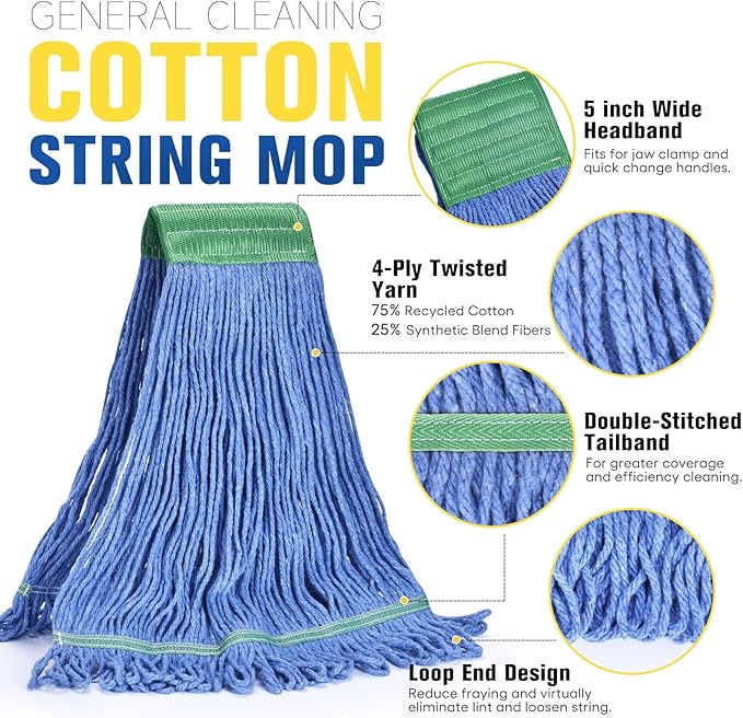 Matthew Cleaning Commercial Mop Head Replacement, 5 Inch Wide Headband, Looped End Cotton Blend String Wet Mops for Floor Cleaning, 18 oz Medium, 1-Pack Blue