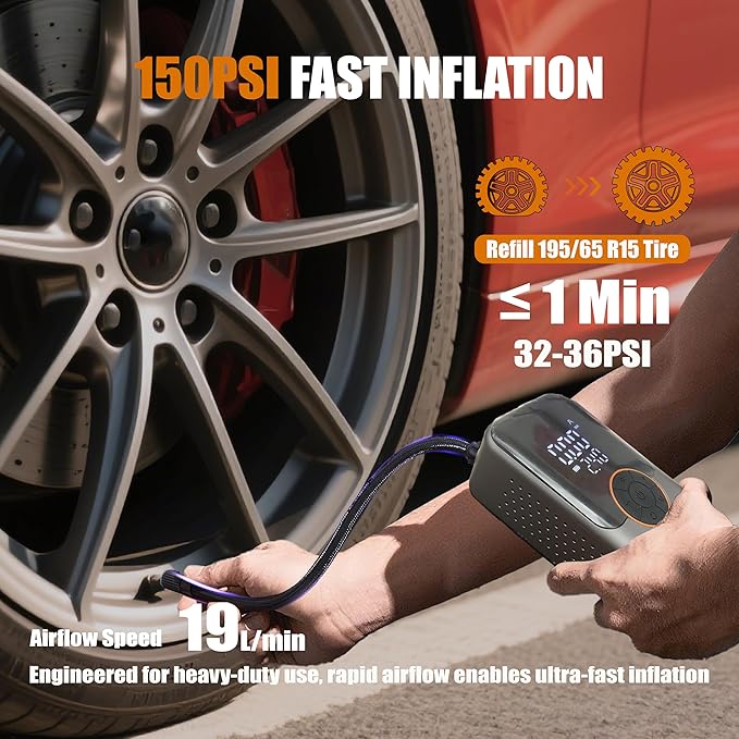 Cordless Tire Inflator, Portable with digital pressure gauge, 150PSI, Auto shut-off & LED light, 12V DC/Rechargeable dual mode, for Car/Motorcycle/Bike/Inflatable