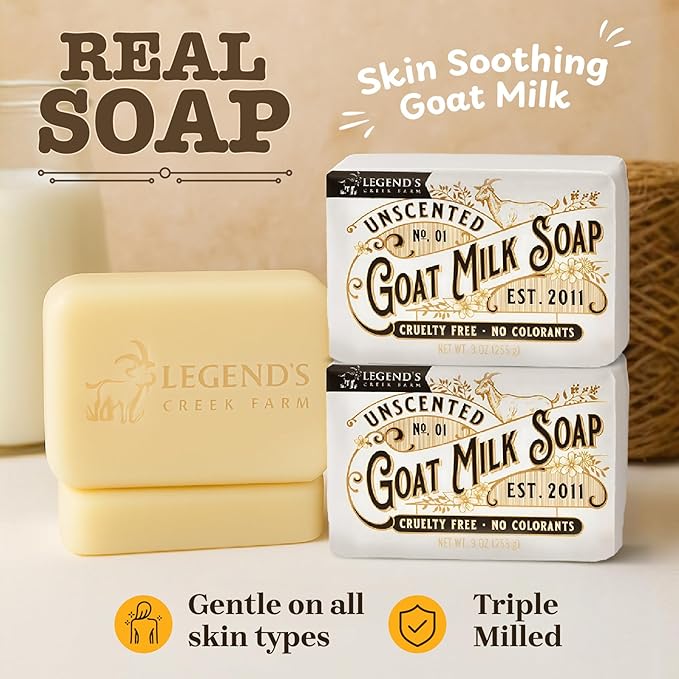 Legend's Creek Farm Goat Milk Soap - Triple Milled Cleansing Moisturizing Bar for Hands and Body - 9 Oz Creamy Lather, Nourishing, Natural Soap for Sensitive Skin (Unscented, Pack of 1)