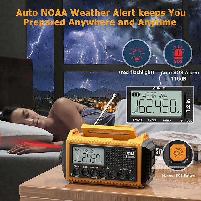 Emergency Radio 12000mAh with NOAA Weather Alert - Solar/Crank/Battery Powered AM/FM/Shortwave Radio, USB-C Charger, Portable SOS Flashlight for Hurricane, Power Outage, Camping Survival Gear