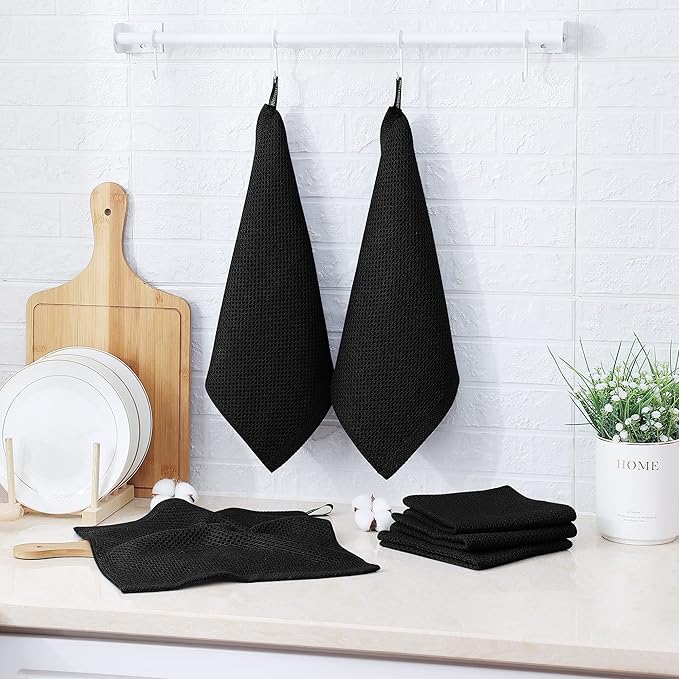 Kitinjoy 100% Cotton Kitchen Dish Cloths, 12 Pack Waffle Weave Ultra Soft Absorbent Dish Towels for Drying Dishes Quick Drying Kitchen Towels Dish Rags, 12 X 12Inch, Black