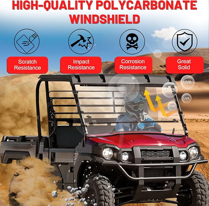 StarknightMT Heavy Duty Anti-Scratch Mule Pro Flip Down Windshield Compatible with 2015-2025 Kawasaki Mule Pro FXT / FX / DXT / DX Fold Window Hard-Coated Polycarbonate 250X Stronger Than Glass