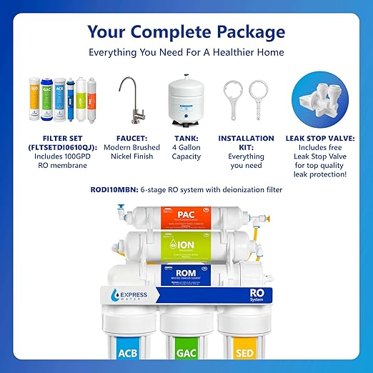 Express Water Reverse Osmosis Deionization Filtration System - 6 Stage RO With Faucet and Tank - Under Sink Filter - 100 GPD