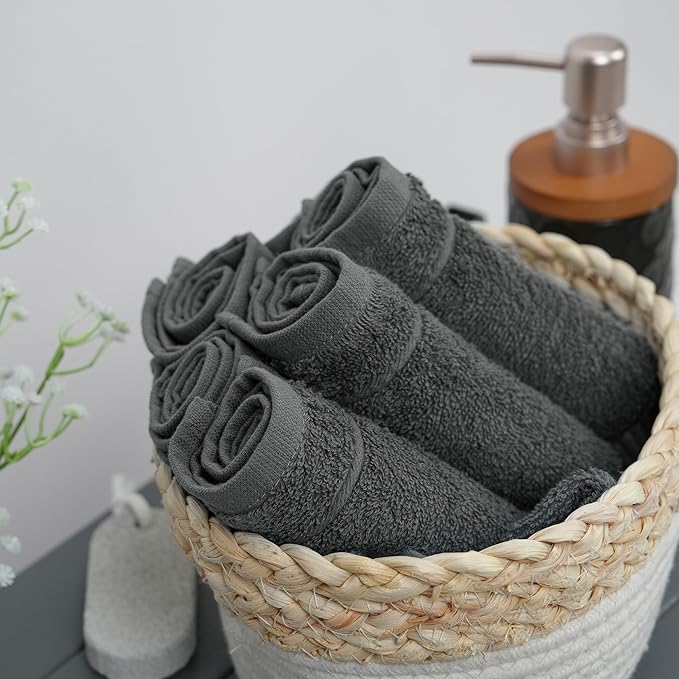 Tens Towels Pack of 24 Washcloths, 12 x 12 Inches, Lighter Weight, Quick to Dry, Super Soft & Absorbent, Gentle Face Towels, Hotel Quality, Perfect for Bathroom, Gym, Spa (Dark Grey, 24 Pack)