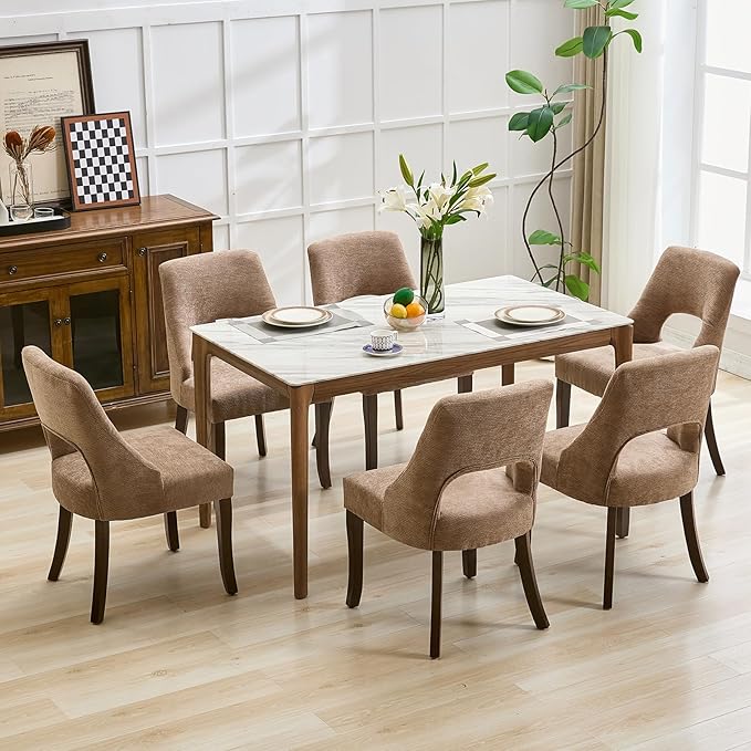 UVV Wooden Dining Chairs Set of 6, Mid Century Modern Upholstered Dining Room Chair Kitchen Chairs, Chenille Dinner Chair with Solid Wood Legs for Kitchen Dining Room, Khaki-Chenille