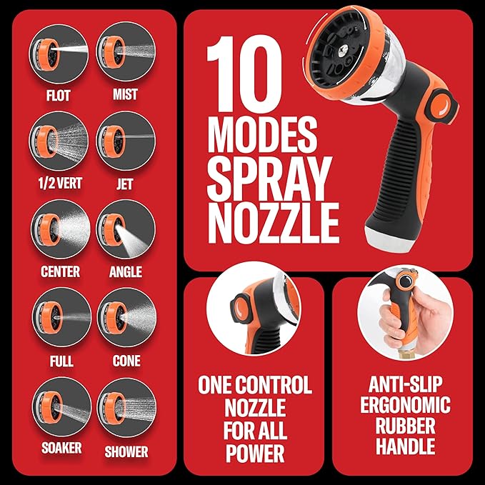 Best 50 ft Metal Garden Hose Set - No-Kink Durable 316 Stainless Steel, 10-Way Zync Spray Nozzle & Hook – Tough Flexible Heavy Duty Water Hoses, Naval Brass, Rust, Weather, LeakProof
