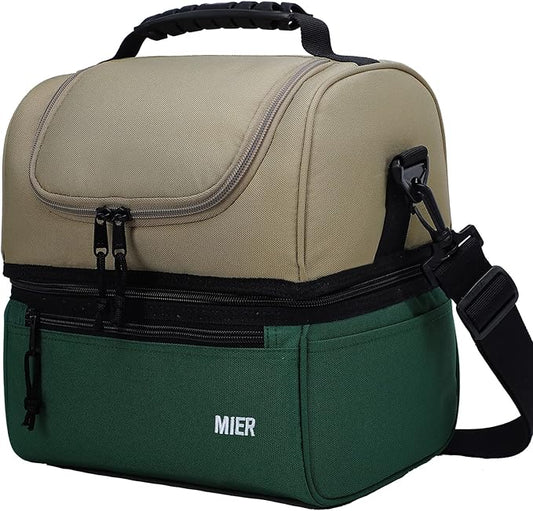 MIER Adult Lunch Box Insulated Lunch Bag Large Cooler Tote Bag for Men, Women, Double Deck Cooler （Army Green/Khaki, Large）