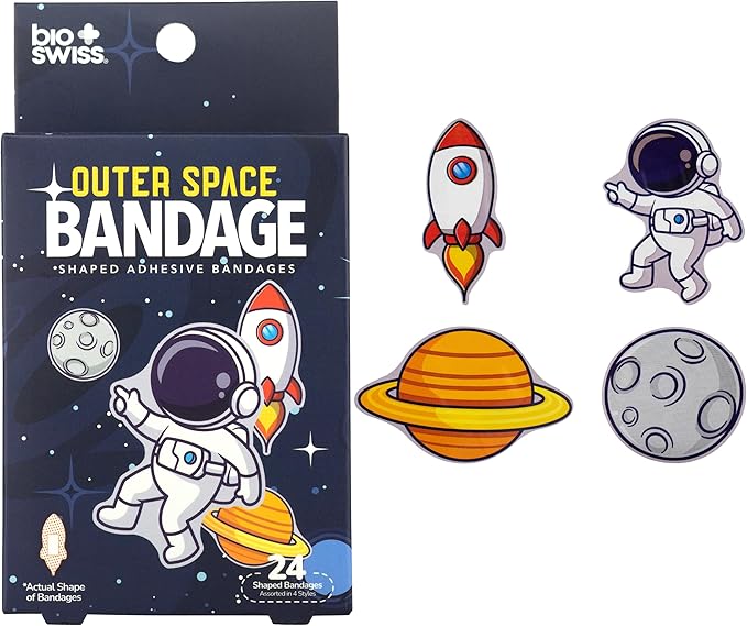 BioSwiss Kids Bandages, Outer Space Shaped Self Adhesive Bandage Set, Latex Free, Sterile Wound Care, 24 Count