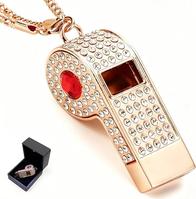 PCTC Shining Whistle,Crystal-Encrusted Metal Whistle with Decorative Chain Great for Referees, Coaches Party and Gift Accessory[Gold Exterior]