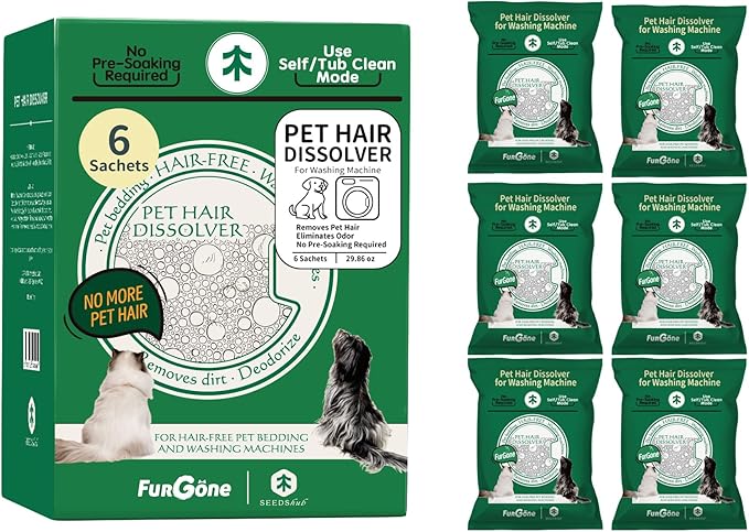 FURGONE × Seedshub Pet Hair Dissolver for Washing Machine, 96.7% Hair Dissolution, Dog Cat Hair | Stain Remover for Laundry, Pets Friendly, 6 Sachets, HE/Top/Front-Load Compatible