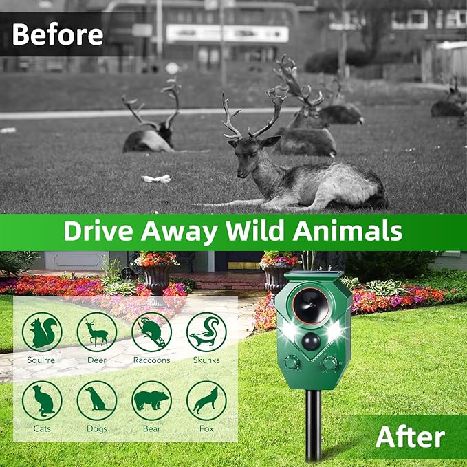 Solar Animal Repellert Outdoor Supplement USB Rechargeable Cat Repeller Outdoor Squirrel Rabbit Fox Adjustable Frequency Deer Repellent Devices with Light and Motion Detection