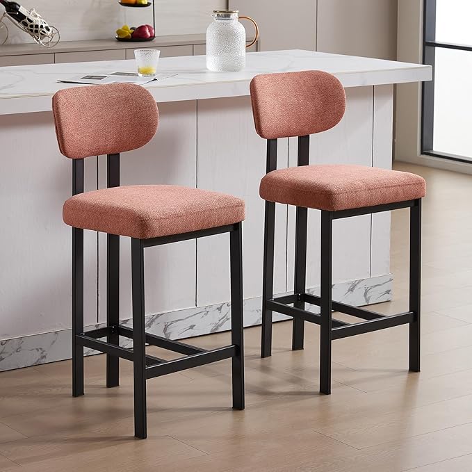 Modern Counter Stools Set of 2, 26" Upholstered Barstools with Back, Sturdy Black Metal Legs Dining Stools with Footrest for Home Pub Kitchen, Orange