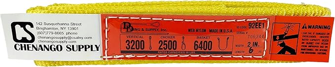 Multi Lengths in Listing! (USA Made), 1-PLY, 2" Width Nylon Lifting Web Sling. lbs 3,200 Vertical, 2,500 lbs Choker, 6,400 lbs Basket Capacity, Eye & Eye, Heavy Duty (USA 900 Webbing) (2"x6')