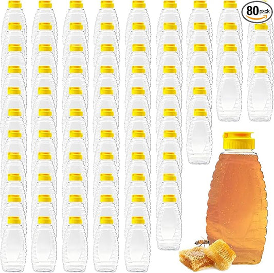 80 Pack 16oz Clear Food Grade Plastic Honey Bottles, Refillable Squeeze Honey Jars with Flip-Top Lids, Leakproof Honey Dispenser Containers for Storing and Dispensing