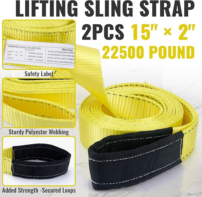 Lift Sling Straps, 15' x 2" Heavy Duty Nylon Webbing Slings, 22500 lbs Capacity, Flat Eye Design, Tree Saver Recovery Strap, Winch Sling for Hoisting, Rigging, Towing, 2-Pack