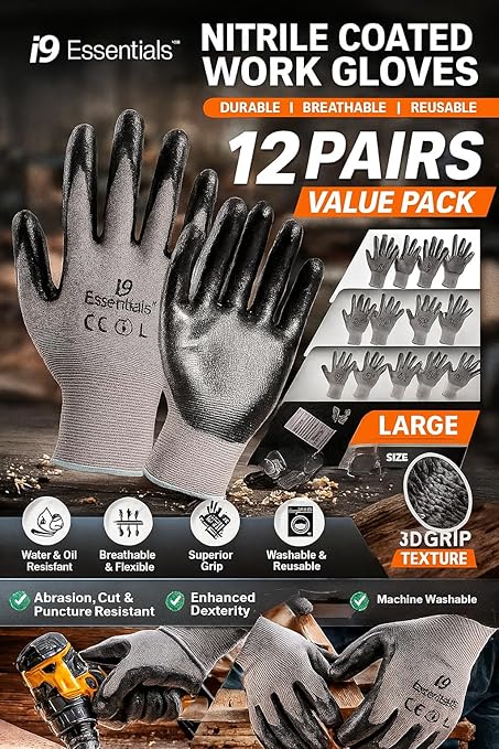 I9 Essentials 12 Pairs Nitrile Coated Work Gloves – Lightweight Grip Safety Gloves for Construction, Gardening, Warehouse, Carpentry & General Work (Large, Black/Gray)