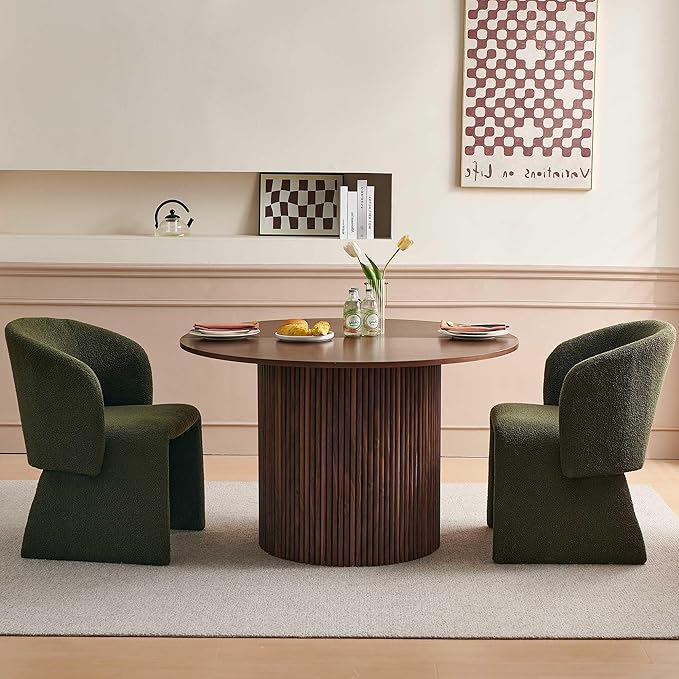 Dining Table Set for 2, 47" Circle Kitchen Table and Green Upholstered Barrel Dining Room Chairs, Classic Dinette Set, Engineered Wood Two-Part Tabletop with Walnut Finish