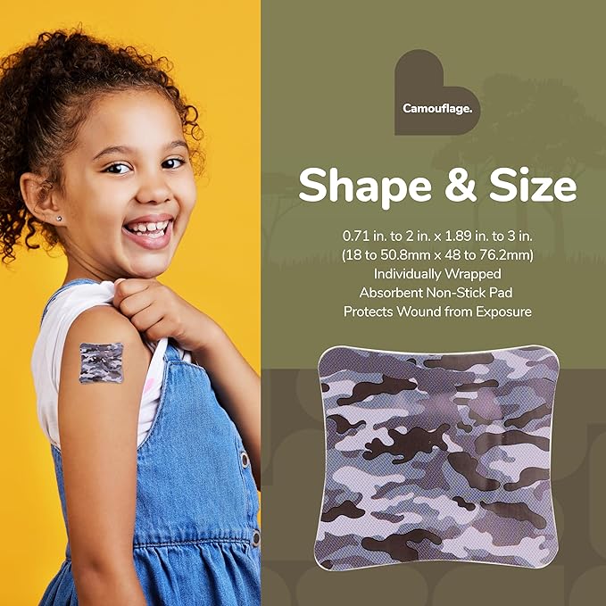 BioSwiss Kids Bandages, Assorted Size Camouflage Print Shaped Self Adhesive Bandage Set, Latex Free, Sterile Wound Care, 60 Count