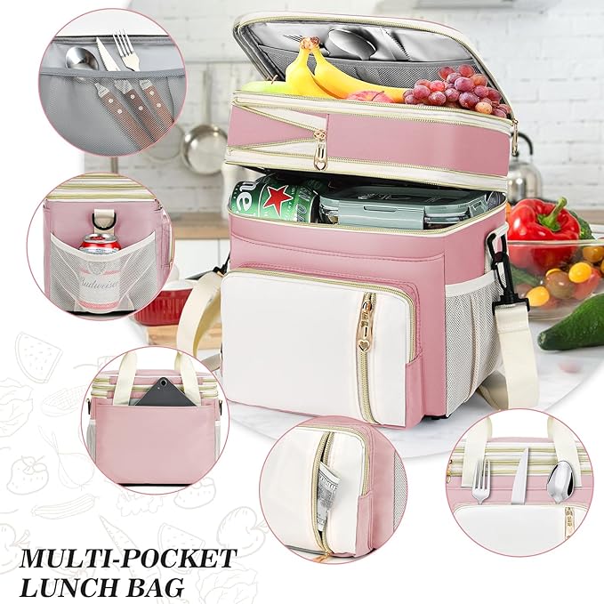 LOKASS Expandable Lunch Box for Women | Adult Lunchbag Cooler Tote Bag with Adjustable Shoulder Strap | Insulated Reusable Womens Lunch Bags for Work Camping Beach | 16L, Pink