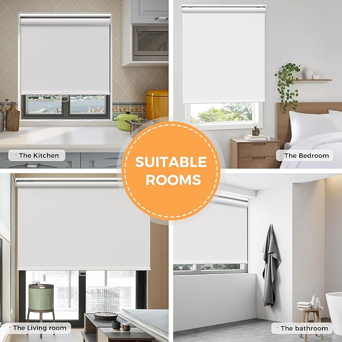 Cordless Roller Shades Blackout Blinds for Windows Room Darkening Rolled Up Shades with Spring System, UV Protection Window Shades Door Blinds for Home and Office (White, 34" W x 72" H)