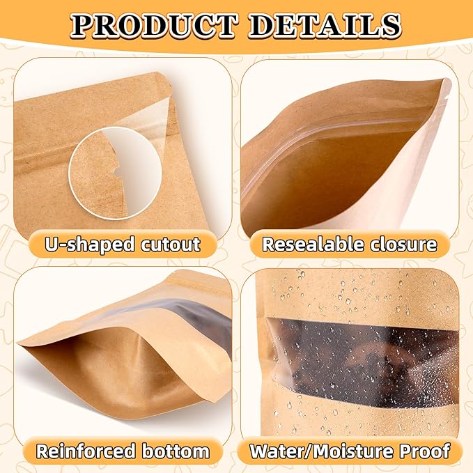 Smell Proof Bag, 100 Pack Mylar Bags for Small Business, Food Storage Bags with Window, Dog Treat Bag, Bakery Bags, Candy Packaging, Resealable Paper Stand Up Pouch (4.7"x7.9")