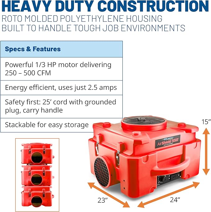 BlueDri Air Shield 550 HEPA Air Scrubber, Water Damage Restoration Equipment Air Purifier, Covers 1400 Sq. Ft, Daisy Chain Capable, For Commercial Use, Red, BD-AS-550