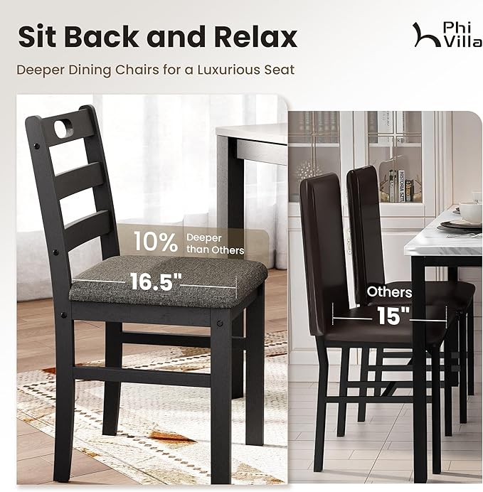 PHI VILLA Dining Table Set for 4, Modern Farmhouse Kitchen Table Set, Faux Marble Dining Table and 4 Cushioned Chairs, Solid Rubber Wood Dining Room Table Set, Venatino White Marble& Black