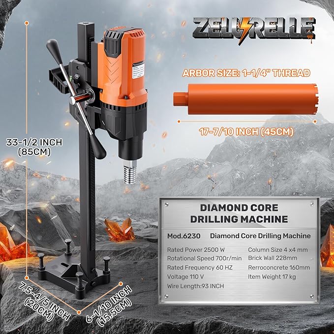 8" Diamond Core Drill Machine with Stand, 2500W Wet & Dry Concrete Core Drilling Rig, 750RPM Heavy Duty Core Drill Press for Concrete Brick Stone Masonry, Max Depth 23.6"